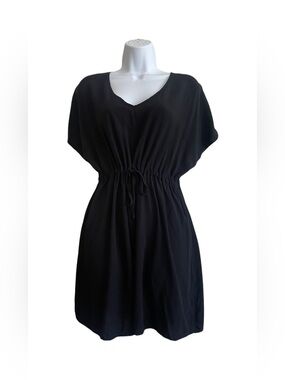 Ekouaer Black Drawstring Waist V-Neck Short Dress / Coverup